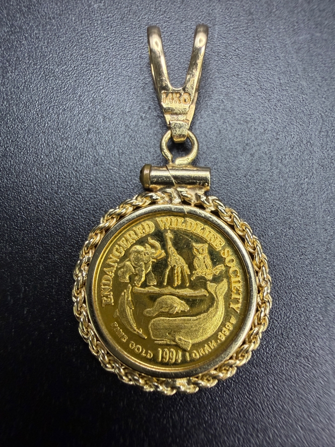 1994 Endangered Wildlife Society 24k Gold 1g Coin Pendant Housed In A 14k Gold Bezel 2.0g [$244 Gold Melt Value] [Photo 3]