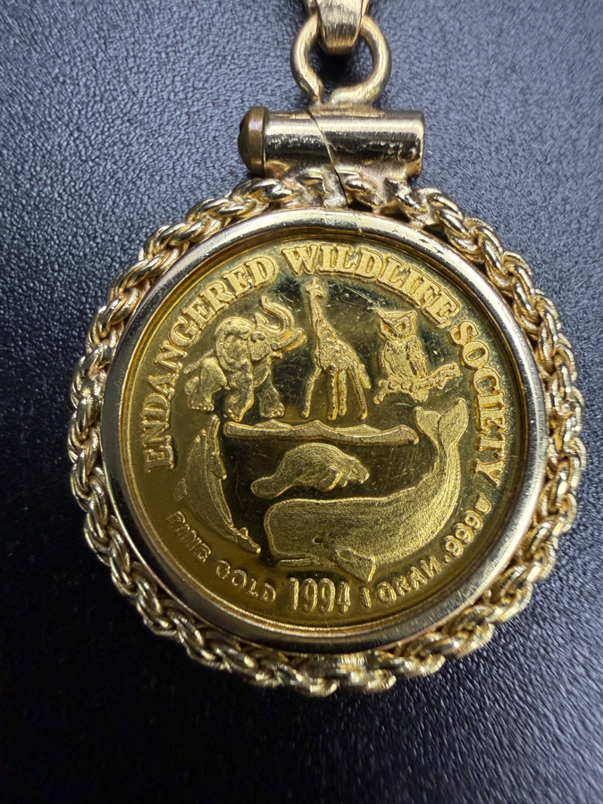 1994 Endangered Wildlife Society 24k Gold 1g Coin Pendant Housed In A 14k Gold Bezel 2.0g [$244 Gold Melt Value] [Photo 4]
