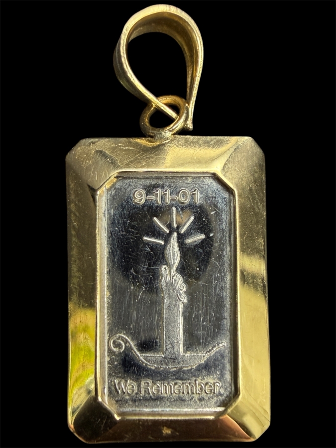 1g Valcambi Suisse 'We Remember' 9-11-01 Platinum Charm Pendant With 14k Gold Bezel 1.9g [$145 Platinum/Gold Melt Value]