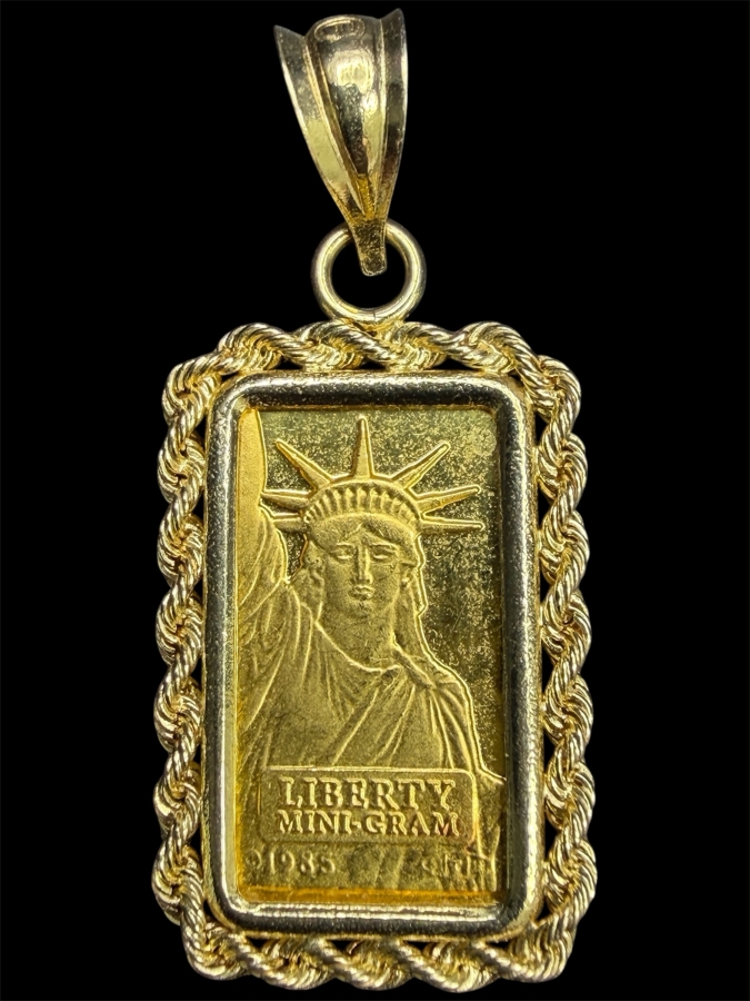 Credit Suisse Liberty Mini-Gram 1g 24k Gold Bar Pendant With 14k Gold Bezel 2.0g [$244 Gold Melt Value]