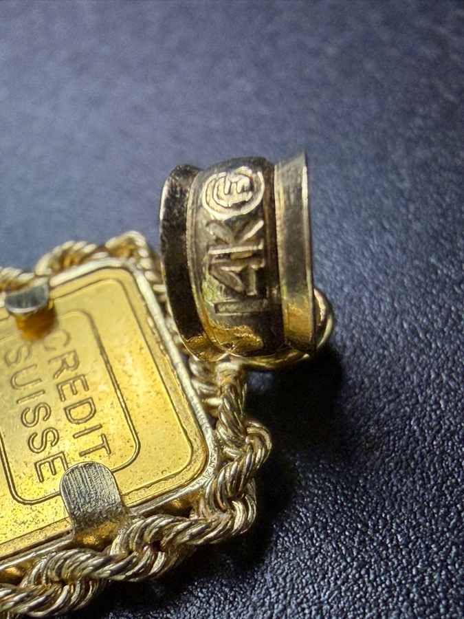 Credit Suisse Liberty Mini-Gram 1g 24k Gold Bar Pendant With 14k Gold Bezel 2.0g [$244 Gold Melt Value] [Photo 5]
