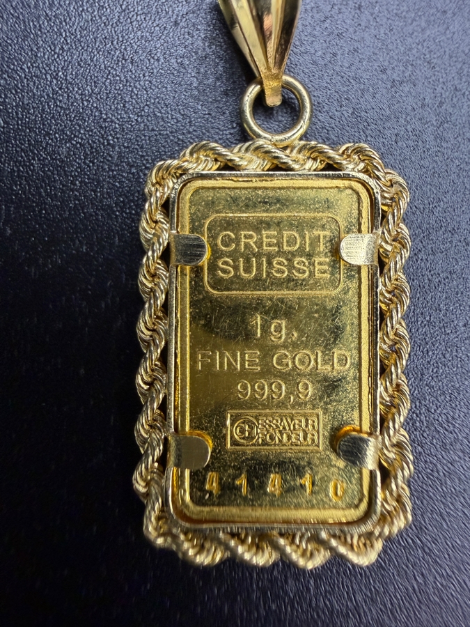 Credit Suisse Liberty Mini-Gram 1g 24k Gold Bar Pendant With 14k Gold Bezel 2.0g [$244 Gold Melt Value] [Photo 3]