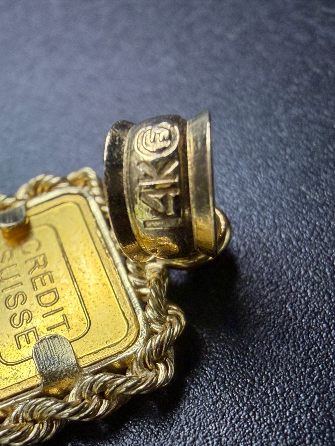 Credit Suisse Liberty Mini-Gram 1g 24k Gold Bar Pendant With 14k Gold Bezel 2.0g [$244 Gold Melt Value] [Photo 4]