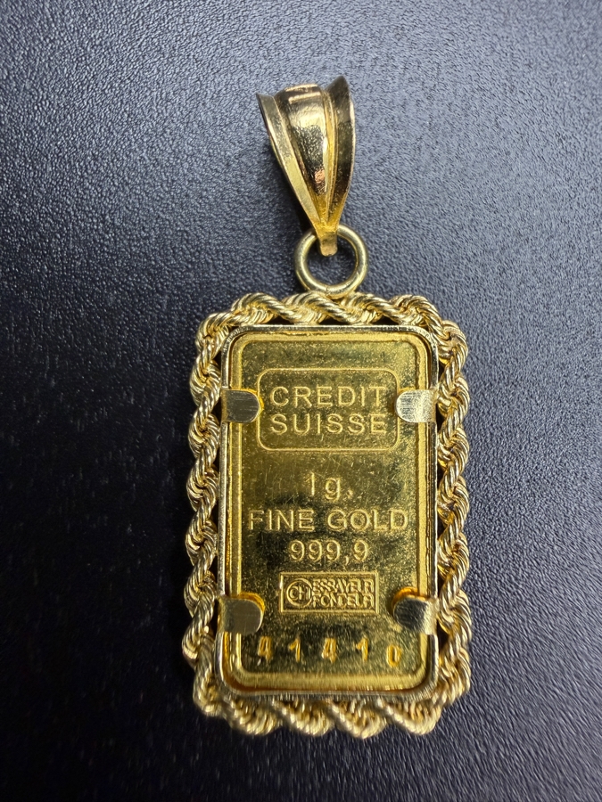 Credit Suisse Liberty Mini-Gram 1g 24k Gold Bar Pendant With 14k Gold Bezel 2.0g [$244 Gold Melt Value] [Photo 2]