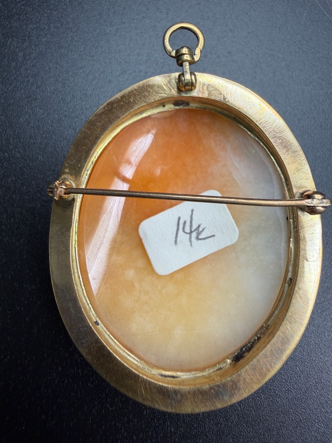 Vintage Carved Shell Cameo Portrait Pendant Framed In A 14k Gold Bezel 11.2g [Photo 5]