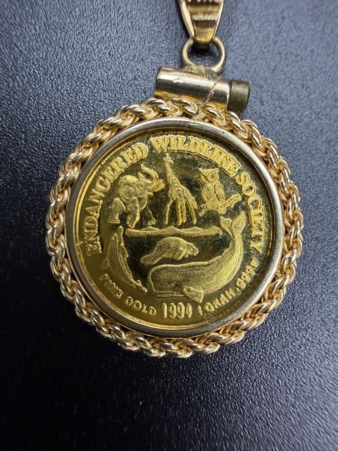 1994 Endangered Wildlife Society 24k Gold 1g Coin Pendant Housed In A 14k Gold Bezel 2.0g [$244 Gold Melt Value] [Photo 4]