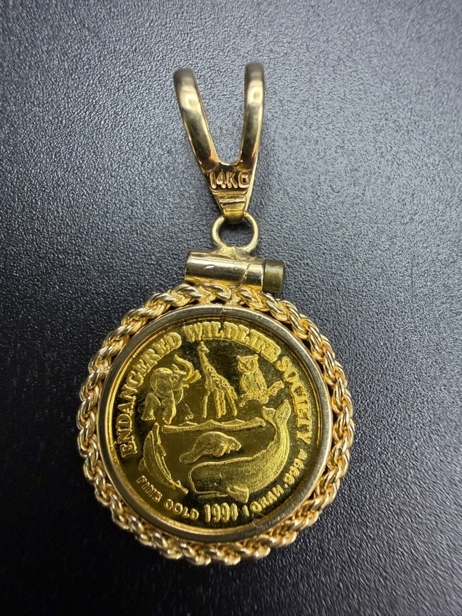 1994 Endangered Wildlife Society 24k Gold 1g Coin Pendant Housed In A 14k Gold Bezel 2.0g [$244 Gold Melt Value] [Photo 3]