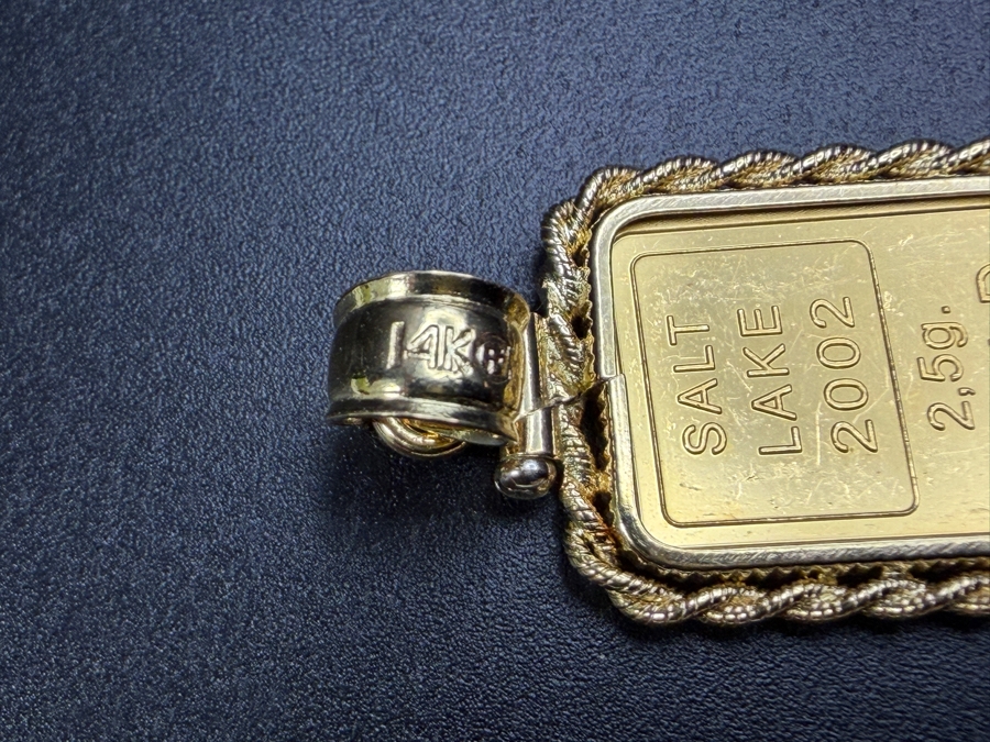 2.5g 24k Gold Bar From The Salt Lake City 2002 Olympics Presented As A Pendant In A Rope-Style 14k Gold Bezel Frame 4.2g [$538 Gold Melt Value] [Photo 6]