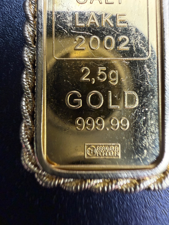 2.5g 24k Gold Bar From The Salt Lake City 2002 Olympics Presented As A Pendant In A Rope-Style 14k Gold Bezel Frame 4.2g [$538 Gold Melt Value] [Photo 5]