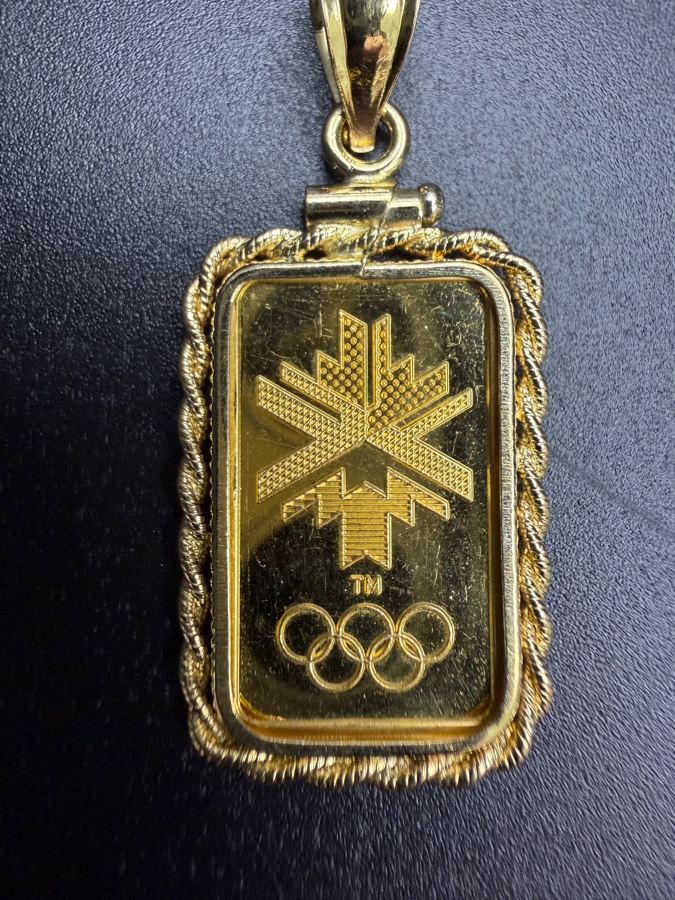 2.5g 24k Gold Bar From The Salt Lake City 2002 Olympics Presented As A Pendant In A Rope-Style 14k Gold Bezel Frame 4.2g [$538 Gold Melt Value] [Photo 2]