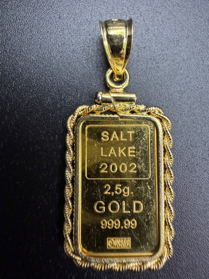 2.5g 24k Gold Bar From The Salt Lake City 2002 Olympics Presented As A Pendant In A Rope-Style 14k Gold Bezel Frame 4.2g [$538 Gold Melt Value] [Photo 3]