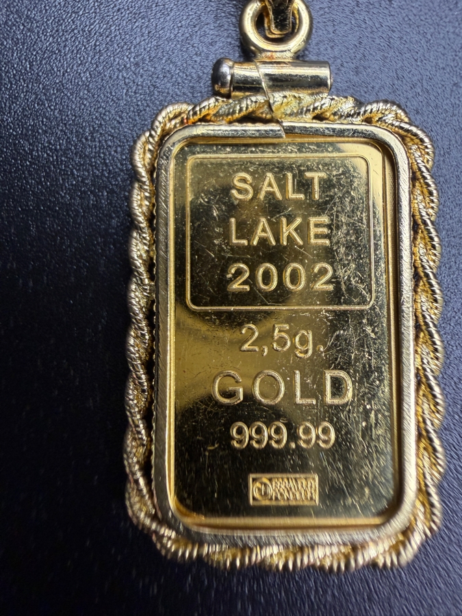 2.5g 24k Gold Bar From The Salt Lake City 2002 Olympics Presented As A Pendant In A Rope-Style 14k Gold Bezel Frame 4.2g [$538 Gold Melt Value] [Photo 4]