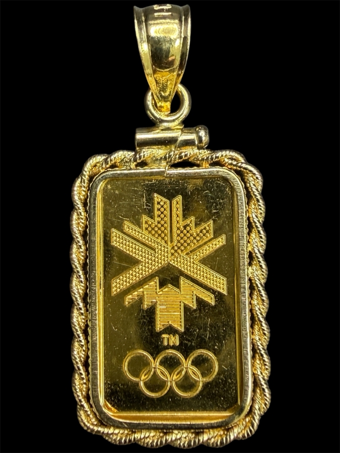 2.5g 24k Gold Bar From The Salt Lake City 2002 Olympics Presented As A Pendant In A Rope-Style 14k Gold Bezel Frame 4.2g [$538 Gold Melt Value]