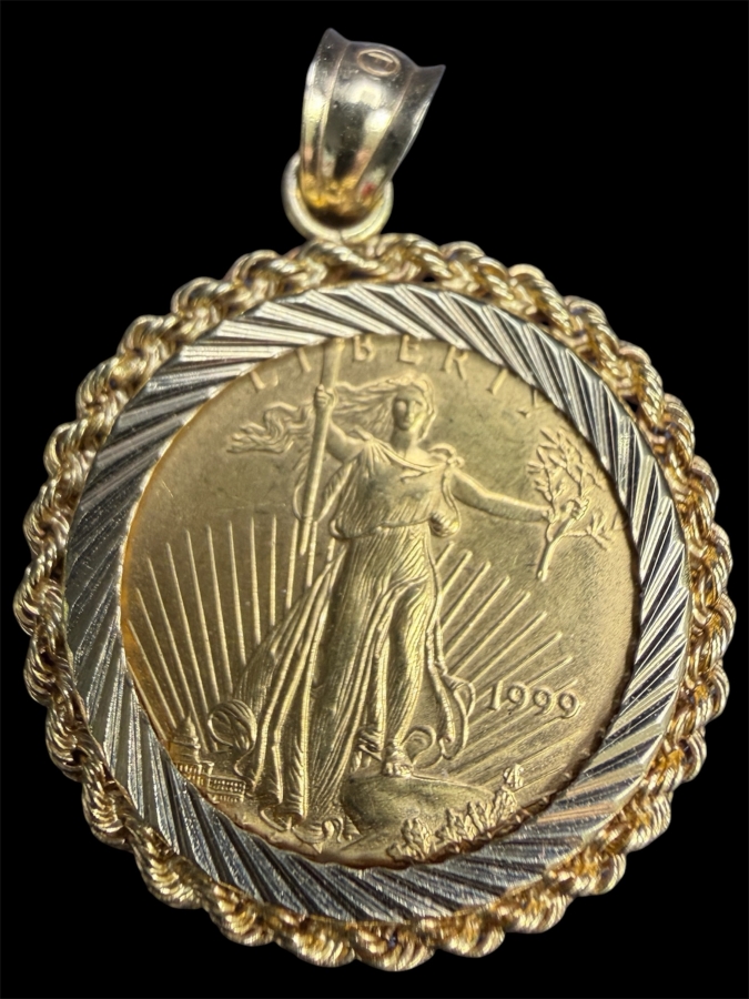 1/10oz United States American Gold Eagle Coin Set In A 14K Gold Rope Bezel Pendant 4.7g [$622 Gold Melt Value]