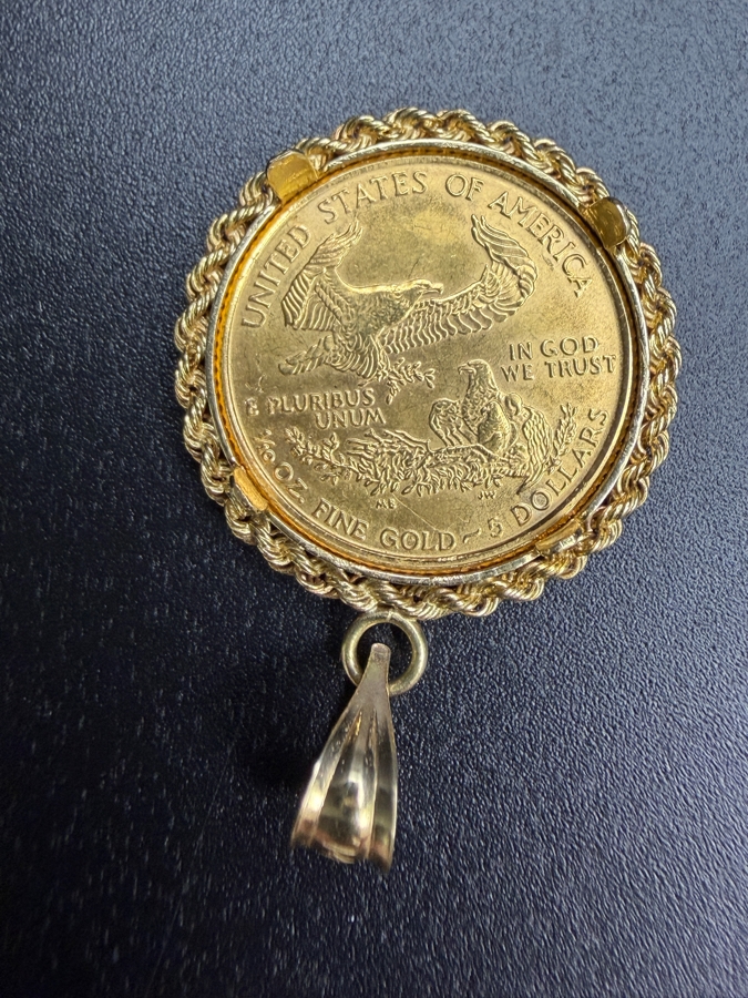 1/10oz United States American Gold Eagle Coin Set In A 14K Gold Rope Bezel Pendant 4.7g [$622 Gold Melt Value] [Photo 4]