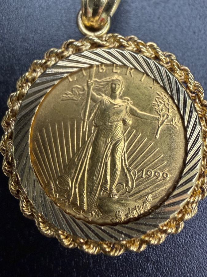 1/10oz United States American Gold Eagle Coin Set In A 14K Gold Rope Bezel Pendant 4.7g [$622 Gold Melt Value] [Photo 2]