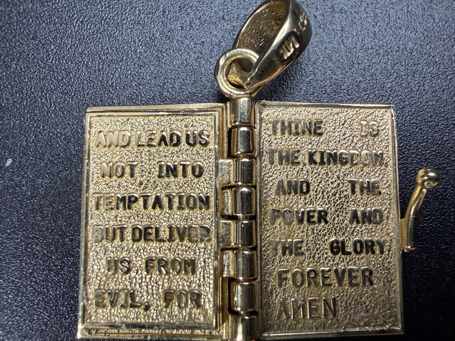 14k Gold Holy Bible Charm Pendant With Inscribed Lord's Prayer Inside 3.6g [$323 Gold Melt Value] [Photo 3]