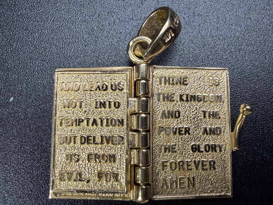 14k Gold Holy Bible Charm Pendant With Inscribed Lord's Prayer Inside 3.6g [$323 Gold Melt Value] [Photo 4]