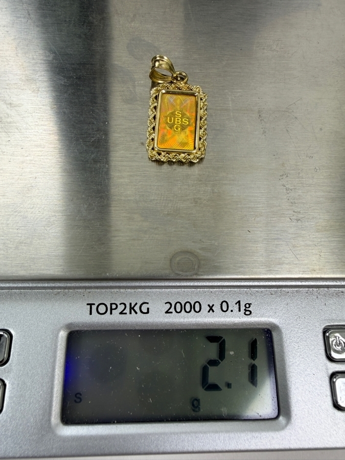 Union Bank of Switzerland (UBS) 1-gram 999.9 24k Fine Gold Bar Set As A Pendant In A Decorative 14k Gold Rope Bezel 2.1g [$253 Gold Melt Value] [Photo 7]