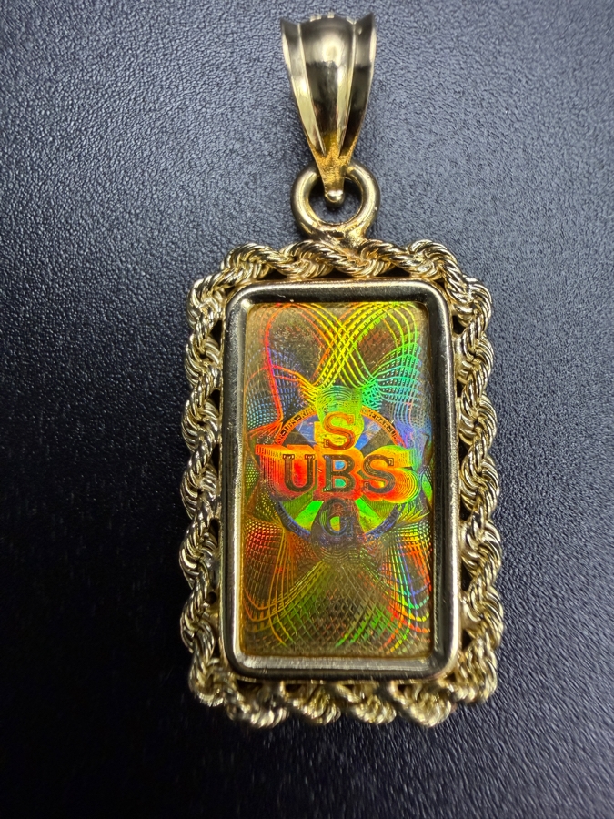 Union Bank of Switzerland (UBS) 1-gram 999.9 24k Fine Gold Bar Set As A Pendant In A Decorative 14k Gold Rope Bezel 2.1g [$253 Gold Melt Value] [Photo 2]