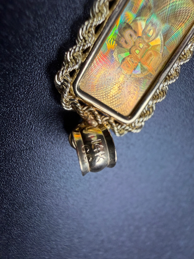 Union Bank of Switzerland (UBS) 1-gram 999.9 24k Fine Gold Bar Set As A Pendant In A Decorative 14k Gold Rope Bezel 2.1g [$253 Gold Melt Value] [Photo 6]