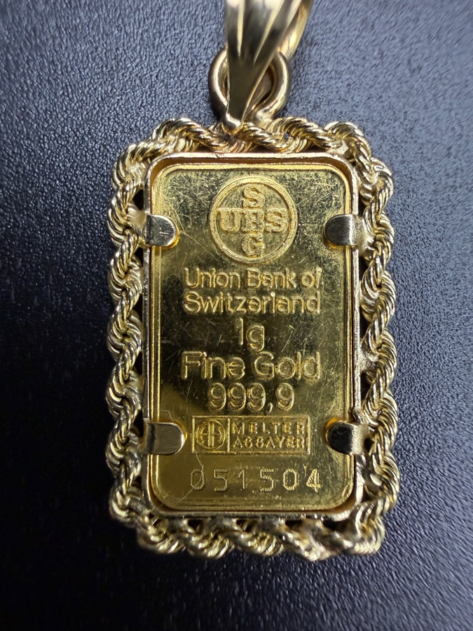 Union Bank of Switzerland (UBS) 1-gram 999.9 24k Fine Gold Bar Set As A Pendant In A Decorative 14k Gold Rope Bezel 2.1g [$253 Gold Melt Value] [Photo 5]
