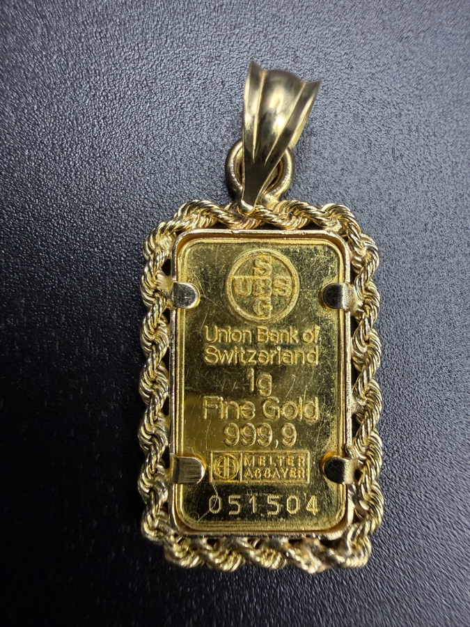 Union Bank of Switzerland (UBS) 1-gram 999.9 24k Fine Gold Bar Set As A Pendant In A Decorative 14k Gold Rope Bezel 2.1g [$253 Gold Melt Value] [Photo 4]