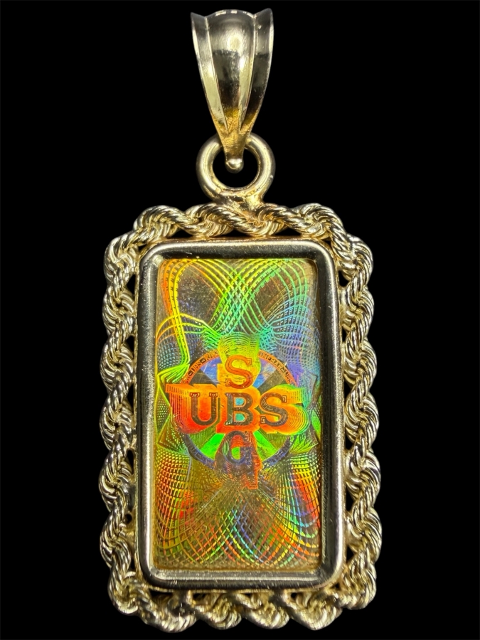 Union Bank of Switzerland (UBS) 1-gram 999.9 24k Fine Gold Bar Set As A Pendant In A Decorative 14k Gold Rope Bezel 2.1g [$253 Gold Melt Value]