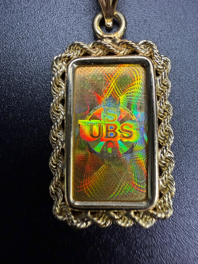 Union Bank of Switzerland (UBS) 1-gram 999.9 24k Fine Gold Bar Set As A Pendant In A Decorative 14k Gold Rope Bezel 2.1g [$253 Gold Melt Value] [Photo 3]