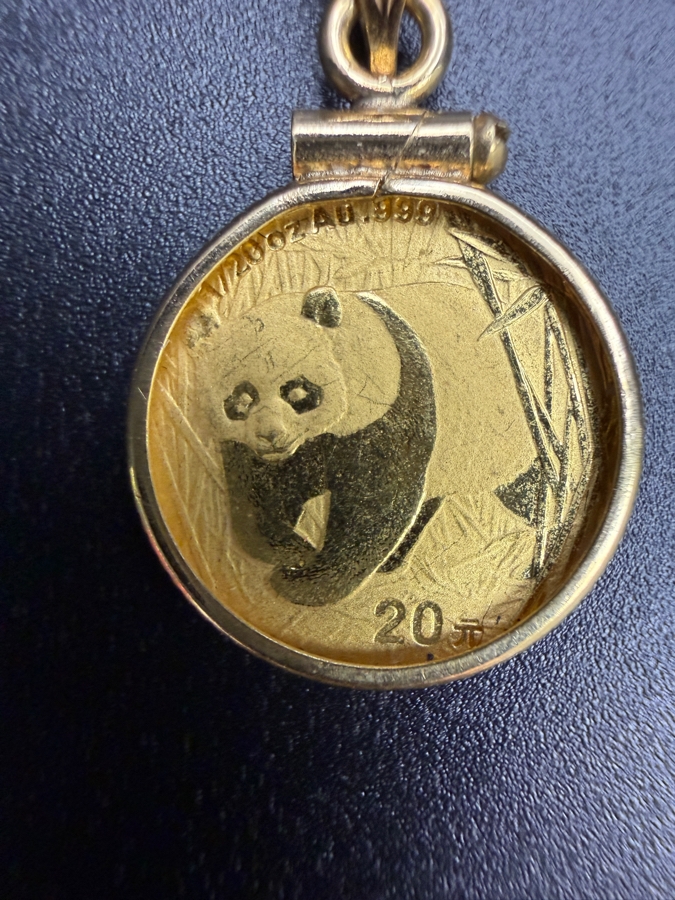 20 Yuan Chinese Panda 1/20oz 24k Gold Coin Mounted In A Decorative 14k Gold Bezel Pendant 2.3g [$306 Gold Melt Value] [Photo 2]