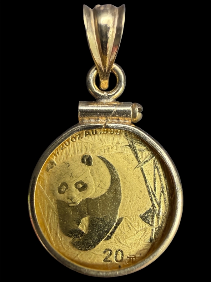 20 Yuan Chinese Panda 1/20oz 24k Gold Coin Mounted In A Decorative 14k Gold Bezel Pendant 2.3g [$306 Gold Melt Value]