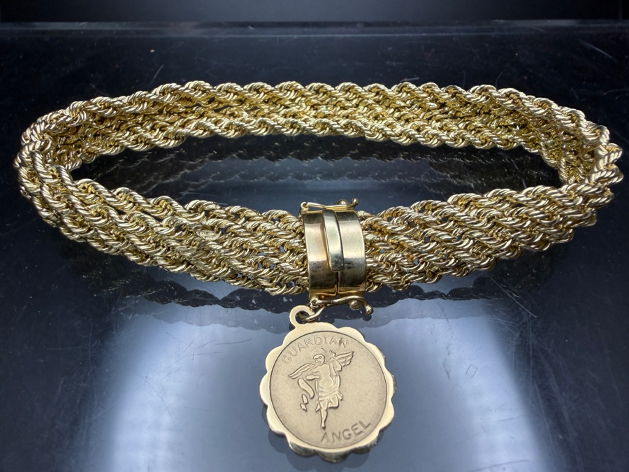 14k Gold Signed Multi-Row Bracelet With 24k Guardian Angel Charm 9.6g [$862 Gold Melt Value] [Photo 10]