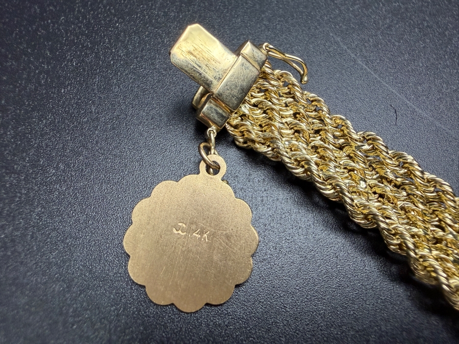 14k Gold Signed Multi-Row Bracelet With 24k Guardian Angel Charm 9.6g [$862 Gold Melt Value] [Photo 4]