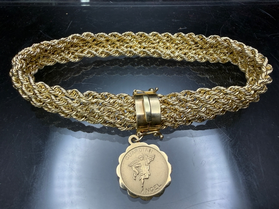14k Gold Signed Multi-Row Bracelet With 24k Guardian Angel Charm 9.6g [$862 Gold Melt Value] [Photo 8]