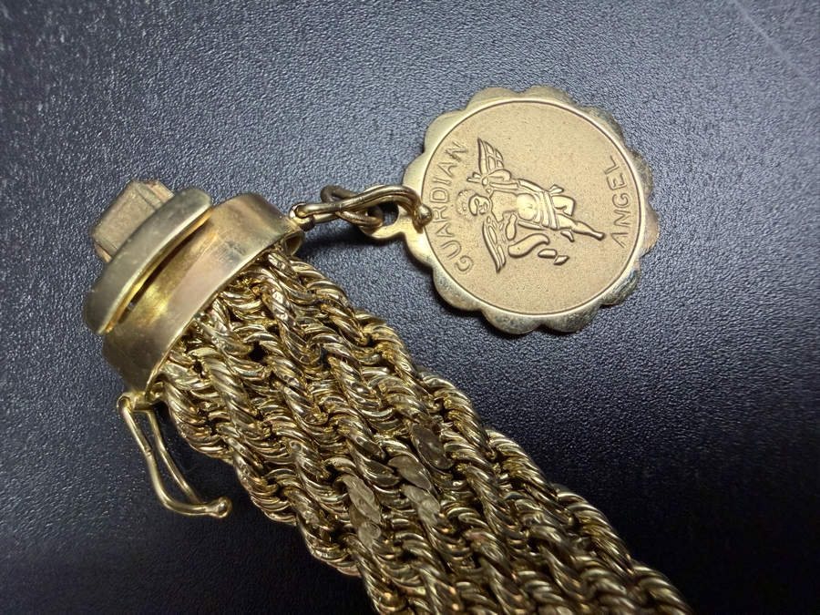 14k Gold Signed Multi-Row Bracelet With 24k Guardian Angel Charm 9.6g [$862 Gold Melt Value] [Photo 3]