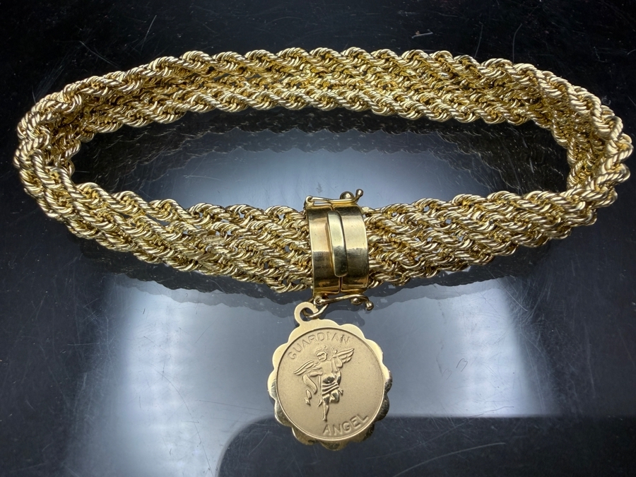 14k Gold Signed Multi-Row Bracelet With 24k Guardian Angel Charm 9.6g [$862 Gold Melt Value] [Photo 7]