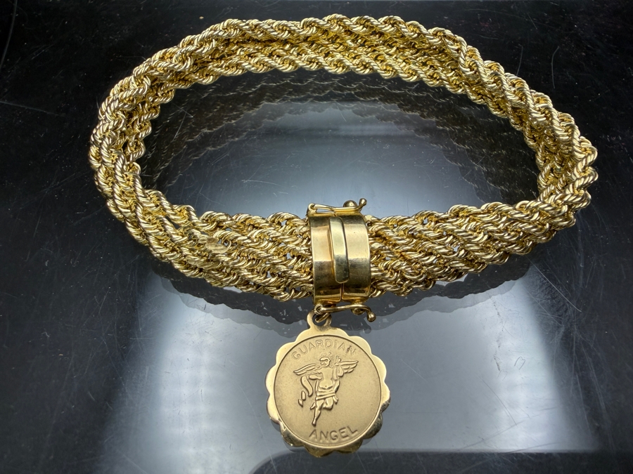 14k Gold Signed Multi-Row Bracelet With 24k Guardian Angel Charm 9.6g [$862 Gold Melt Value] [Photo 2]