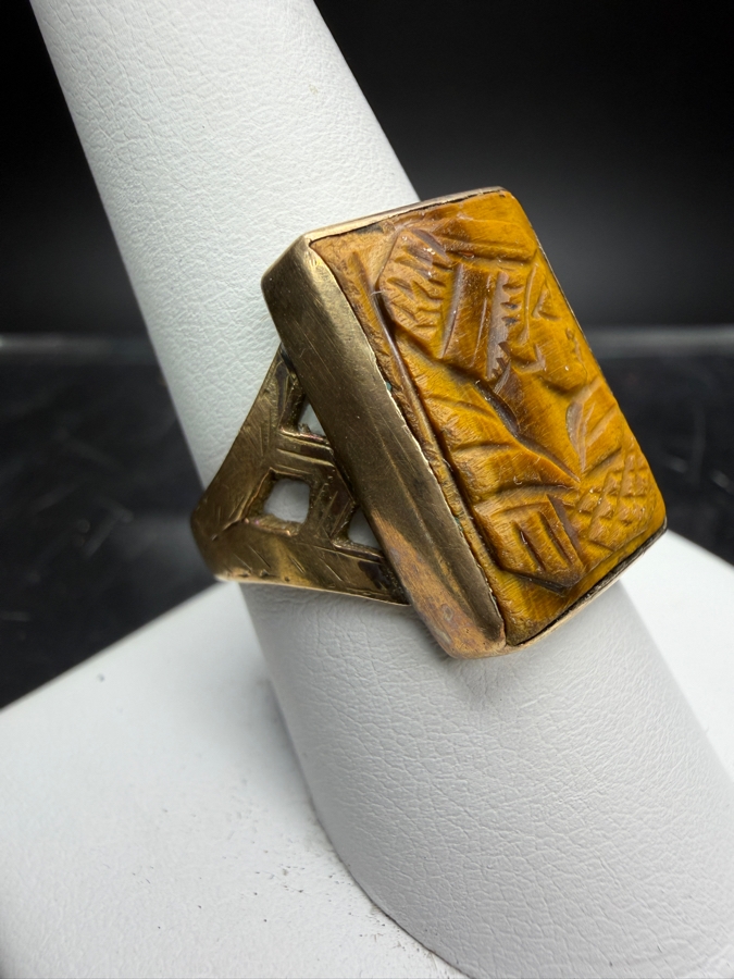 14k Gold Carved Tiger's Eye Ring Size 8.75 6.1g [Photo 3]