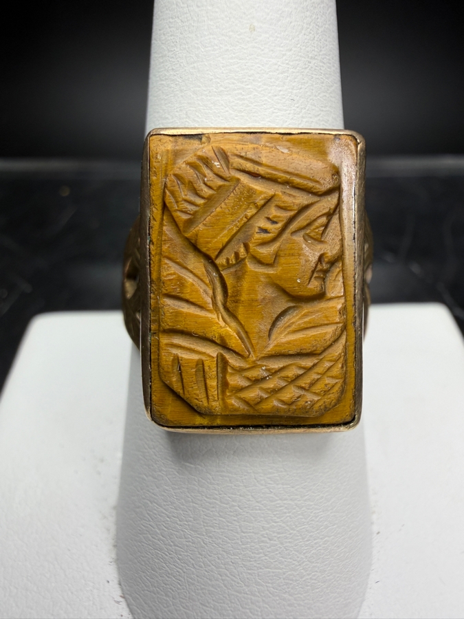 14k Gold Carved Tiger's Eye Ring Size 8.75 6.1g [Photo 2]
