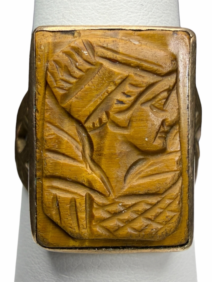 14k Gold Carved Tiger's Eye Ring Size 8.75 6.1g