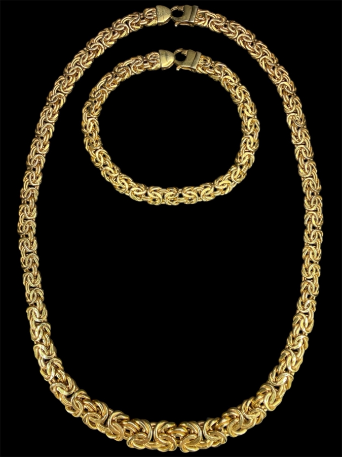 14k Gold Graduated Byzantine 17' Necklace And 7' Bracelet Set 25.1g [$2,255 Gold Melt Value]