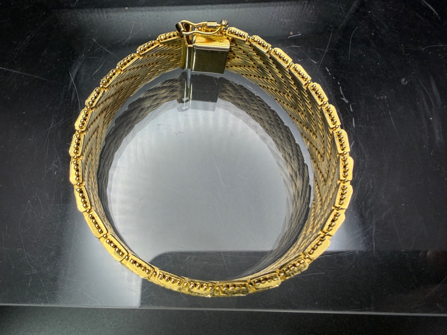 18k Gold Heavy Swiss Chevron Pattern Bracelet Featuring Hallmarks 7.5'L 46.4g [$5,359 Gold Melt Value] [Photo 3]