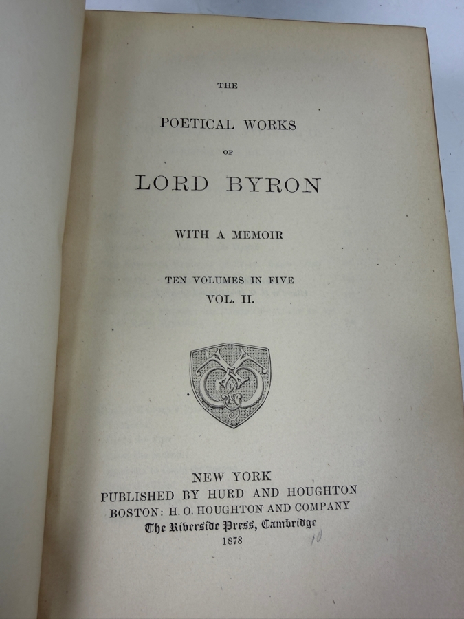 Antique 1877 First Edition Hardcover Book Set: The Poetical Works Of Lord Byron With A Memoir In Five Volumes Published By Hurd And Houghton (RSF) [Photo 8]