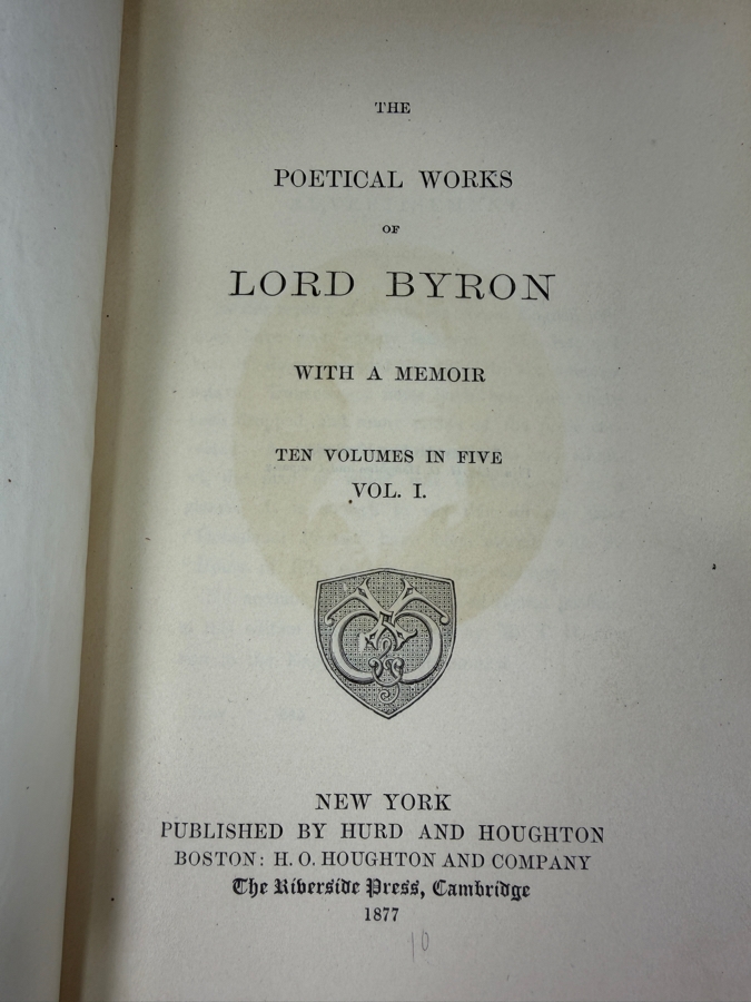 Antique 1877 First Edition Hardcover Book Set: The Poetical Works Of Lord Byron With A Memoir In Five Volumes Published By Hurd And Houghton (RSF) [Photo 6]