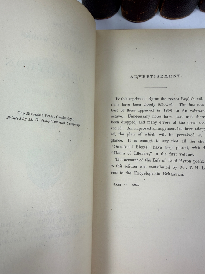 Antique 1877 First Edition Hardcover Book Set: The Poetical Works Of Lord Byron With A Memoir In Five Volumes Published By Hurd And Houghton (RSF) [Photo 7]