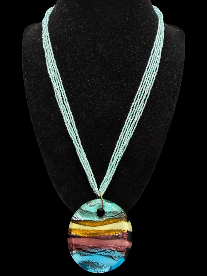 Italian Murano Glass Pendant 20' Necklace With Sterling Silver Clasps