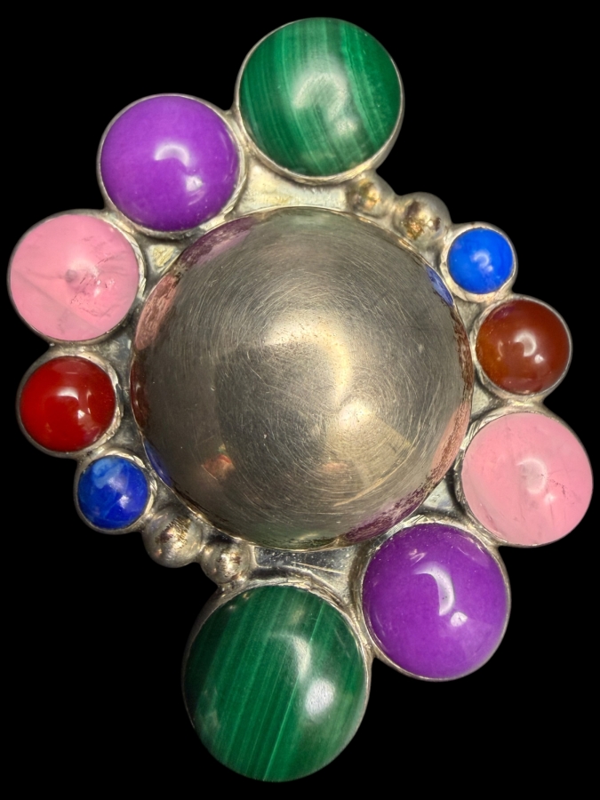Vintage Mexican Sterling Silver Pendant Surrounded By Multi-Colored Gemstones 28.4g