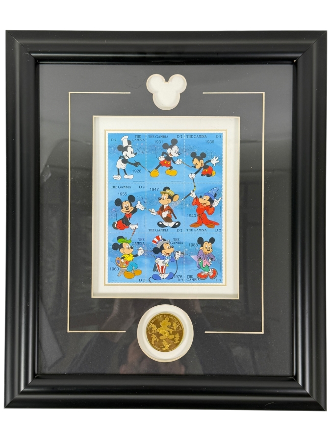 Framed 'Mickey's Progression' Limited Edition Mint Stamps With Medallion 13 X 15
