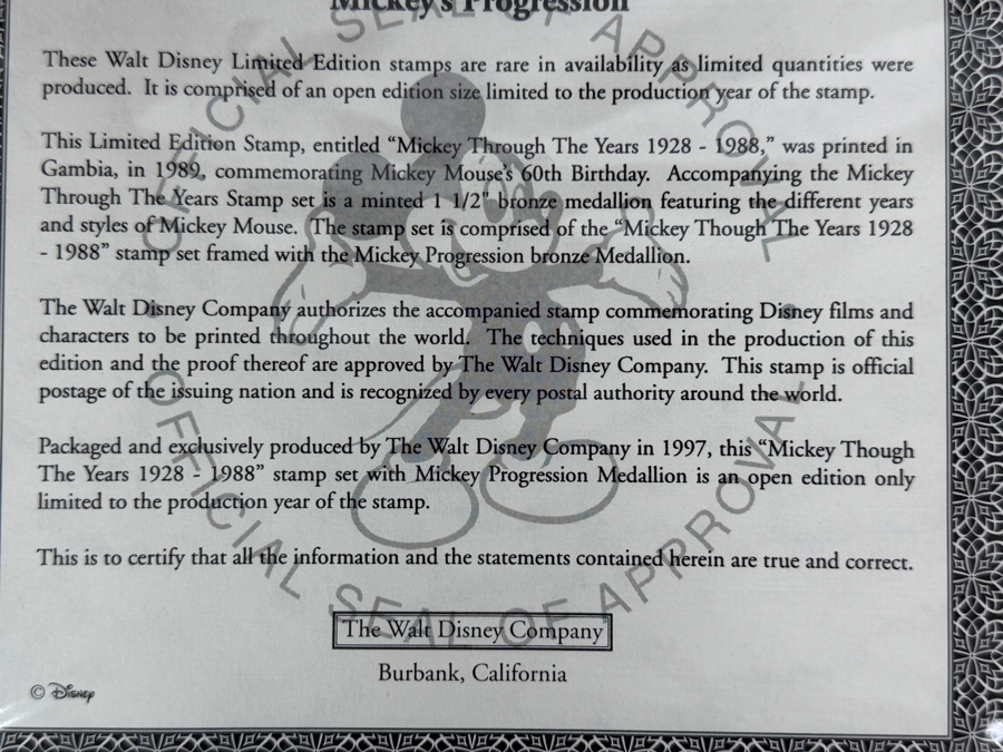 Framed 'Mickey's Progression' Limited Edition Mint Stamps With Medallion 13 X 15 [Photo 7]