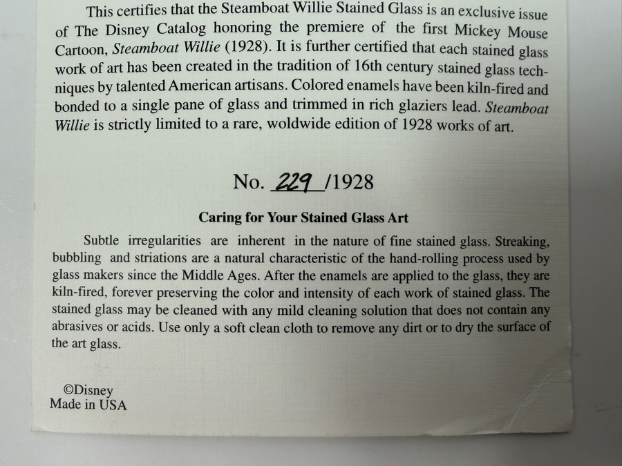 Limited Edition Stained Glass Artwork Featuring The Premiere Of The First Mickey Mouse Cartoon Steamboat Willie (1928) Numbered 229 Of 1928 7.5 X 10.5 [Photo 7]